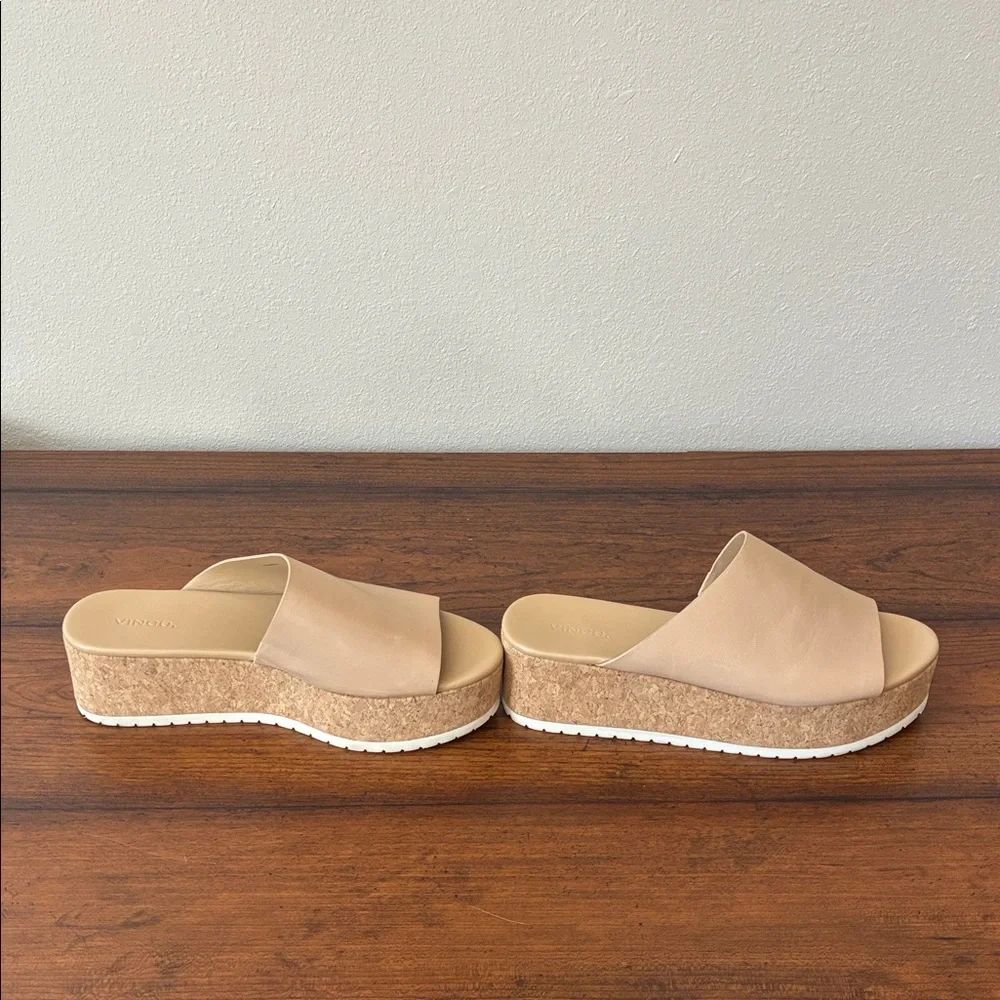 VINCE Women US 10M Cappuccino James-B Leather Platform Sandals‎ Slides